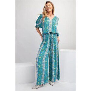 Floral Print Gauze Palazzo Pants- Blue- Dress Pants For Women